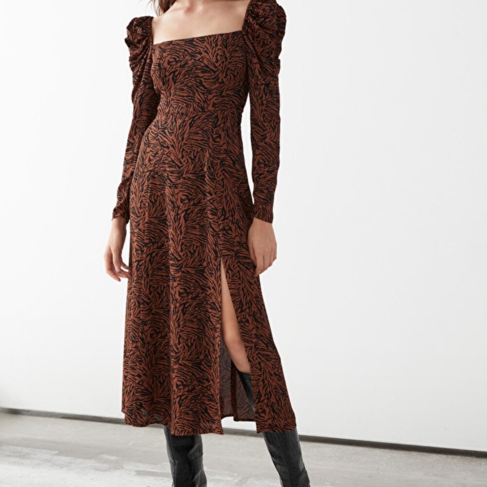 & Other Stories Square Neck Midi Dress in Animal Print, Size 6
